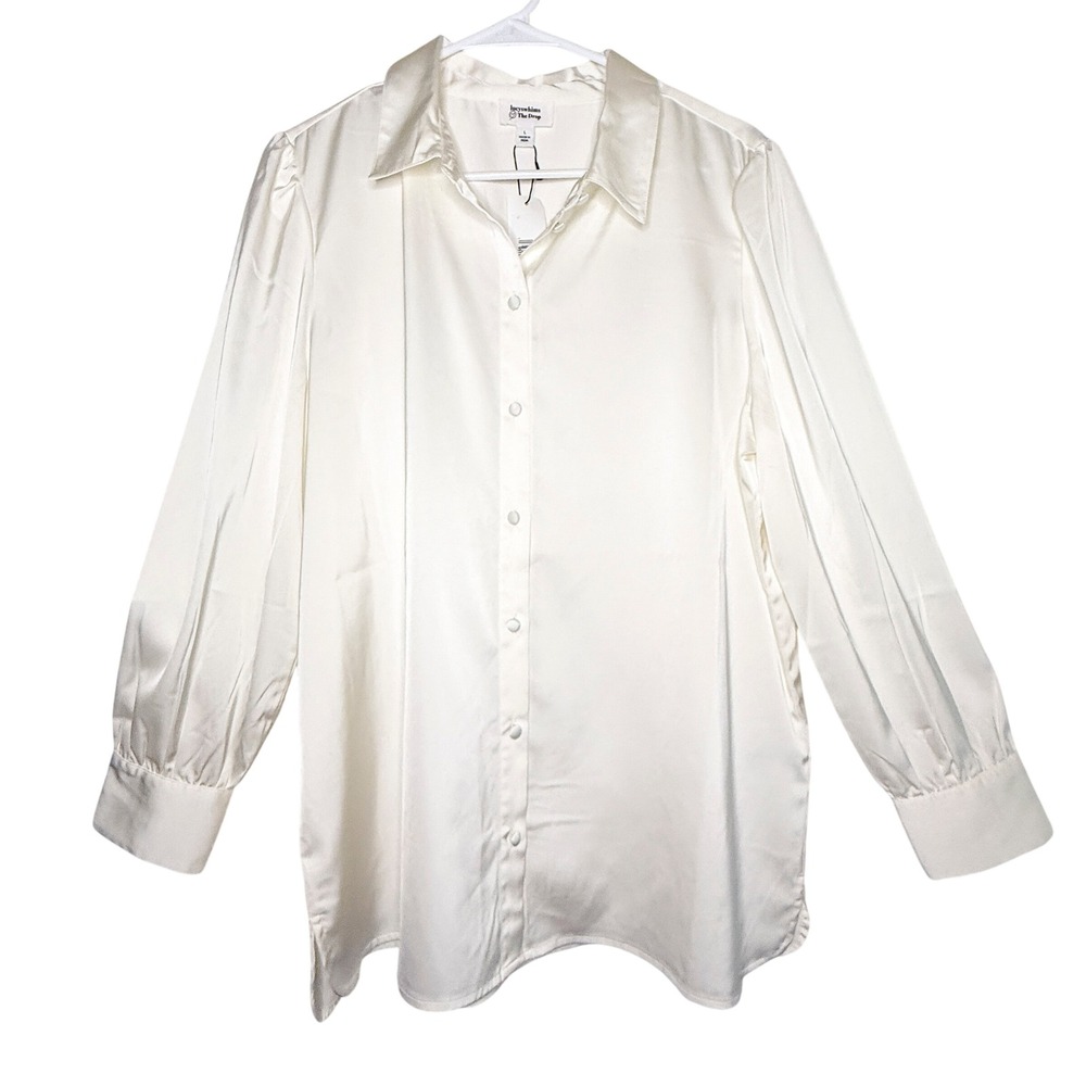 The Drop Lucyswhims Satin Blouse Large Ivory Button Down Puff Sleeve NWT